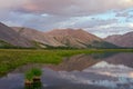 Mountains in sunset light and reflections in the lake. Royalty Free Stock Photo