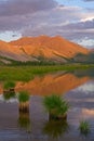 Mountains in sunset light and reflections in the lake. Royalty Free Stock Photo