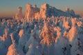 Mountains in sunset red light. Kolchimsky Stone, Perm Kray, Russia