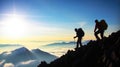 Mountains team climbers on snowy trail, conquered the mountain in winter, Climber on top of a winter view of snow-capped mountain Royalty Free Stock Photo