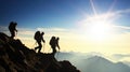 Mountains team climbers on snowy trail, conquered the mountain in winter, Climber on top of a winter view of snow-capped mountain Royalty Free Stock Photo