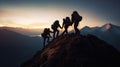 Mountains team climbers on snowy trail, conquered the mountain in winter, Climber on top of a winter view of snow-capped mountain Royalty Free Stock Photo