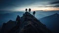 Mountains team climbers on snowy trail, conquered the mountain in winter, Climber on top of a winter view of snow-capped mountain Royalty Free Stock Photo