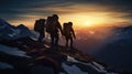 Mountains team climbers on snowy trail, conquered the mountain in winter, Climber on top of a winter view of snow-capped mountain Royalty Free Stock Photo