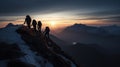 Mountains team climbers on snowy trail, conquered the mountain in winter, Climber on top of a winter view of snow-capped mountain Royalty Free Stock Photo