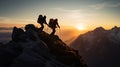 Mountains team climbers on snowy trail, conquered the mountain in winter, Climber on top of a winter view of snow-capped mountain Royalty Free Stock Photo