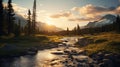 Golden Hour Wilderness Landscape Mountain Stream In Whistlerian Style