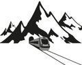 Mountains and the train leaves the tunnel, black logo on a white background, vector illustration.