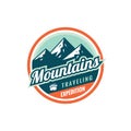 Mountains traveling expedition - concept badge. Climbing logo in flat style. Extreme exploration sticker symbol. Adventure outdoor