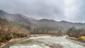 Mountains, trees and canal Landscape of Gassho-zukuri Village, Shirakawago (Shirakawa-go)