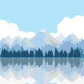 The mountains and trees are reflected in the water. Mountains, lake, trees, grass.