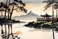 Asie landscape on the river Watercolor ink Royalty Free Stock Photo