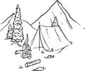 Mountains, trees, tent, caster, hand draw vector illustration art