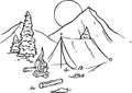 Mountains, trees, tent, caster, hand draw vector illustration art