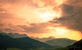 Mountains under sunset light, as seen from Cinque Torri, Dolomite Alps, Italy Royalty Free Stock Photo