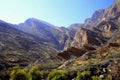 Mountains with unidirectional rocks fractures and grass area, Wadi Bani Awf, Al Rustaq, South Batinah Governorate of Oman Royalty Free Stock Photo