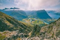 Hiking on the ridge of Romsdalseggen in Norway Royalty Free Stock Photo