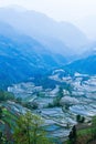 Mountains view of Yuanyang Rice Terraces in blue mist Royalty Free Stock Photo