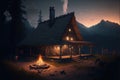 mountains, wooden house, old well by AI Generated