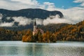 Mountainscape with chapel by the lake