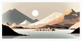 Mountainside arid at sunset postcard illustration. Flat design.