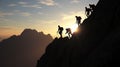 mountaintop climbers\' silhouettes symbolize power of teamwork and cooperation