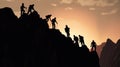 mountaintop climbers\' silhouettes symbolize power of teamwork and cooperation