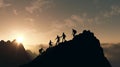 mountaintop climbers\' silhouettes symbolize power of teamwork and cooperation