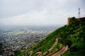 Mountaintop fort overlooking city on a cloudy day