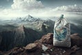 mountaintop, with view of the world below, and a plastic bottle trashbag in the foreground Royalty Free Stock Photo