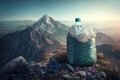 mountaintop, with view of the world below, and a plastic bottle trashbag in the foreground Royalty Free Stock Photo