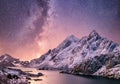 Mountans and reflection on the water surface at the night time. Sea bay and mountains at the night time. Royalty Free Stock Photo