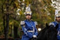 Mounted female member of the Romanian Jandarmi horse riders from the Romanian Gendarmerie in ceremonial and parade uniform