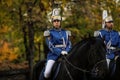 Mounted female member of the Romanian Jandarmi horse riders from the Romanian Gendarmerie in ceremonial and parade uniform