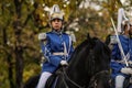 Mounted female member of the Romanian Jandarmi horse riders from the Romanian Gendarmerie in ceremonial and parade uniform