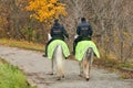 Mounted police in autumn city park, back view