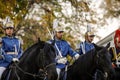Mounted Romanian Jandarmi horse riders from the Romanian Gendarmerie in ceremonial and parade uniforms