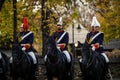 Mounted Romanian Jandarmi horse riders from the Romanian Gendarmerie in ceremonial and parade uniforms