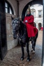 A royal soldier in a red coat and golden helmet sits on a black horse in London.