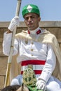 A mounted soldier at the 12th Century walled entrance to Hassan Tower in Rabat, Morocco.