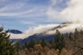 Mountians enveloped with misty fog on an autumn day