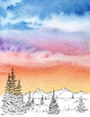 Mountin skyline panorama watercolor paint with colorful clouds Royalty Free Stock Photo