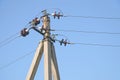 Mounting construction a overhead power lines on the turn against a clear blue sky Royalty Free Stock Photo