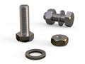 Mounting kit. A set of metal fasteners. Teaching image of threaded fasteners from the bolt nuts and washers. 3D