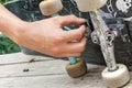 Mounting the wheel pair of skateboarding Royalty Free Stock Photo