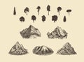 Mounts shapes set with silhouettes of trees. Royalty Free Stock Photo