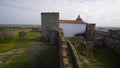 Mourao castle interior walls garden park with castle towers in Alentejo, Portugal