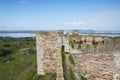 Mourao castle towers and wall historic building with alqueva dam reservoir in Alentejo, Portugal Royalty Free Stock Photo