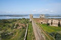 Mourao castle towers and wall historic building with alqueva dam reservoir in Alentejo, Portugal Royalty Free Stock Photo