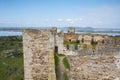 Mourao castle towers and wall historic building with alqueva dam reservoir in Alentejo, Portugal Royalty Free Stock Photo